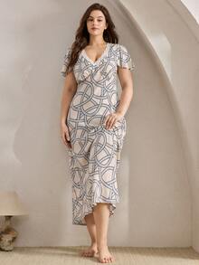 Ocili Plus Size Comfortable Cotton Printed Casual Soft Abstract Chain Chic Autumn Easy Comfort Sleepwear - Khaki - View 6