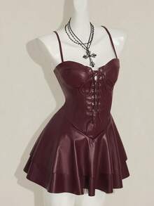 SHEIN ICON 女士Y2K时尚性感夜店派对节日装扮Y2K夜店风露背PU皮迷你吊带裙，黑色 - 酒紅色 - 查看 7