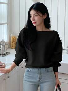 DAZY 女士休闲纯色宽松斜肩长袖T恤露肩上衣可爱上衣 - 黑色 - 查看 3