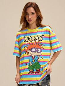 Nick 90s | SHEIN Women's Striped And Cartoon Figure Graphic Round Neck Short Sleeve T-Shirt - Blue - View 3