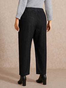 Elaquor 大码黑色高腰牛仔裤，舒适弹力腰带，锥形裤型，经典牛仔面料，百搭黑色长裤 - 黑色 - 查看 4