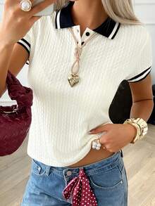 DAZY Women's Summer Contrast Color Collar Short Sleeve Textured Loose Pullover Knit Top - Apricot - View 1