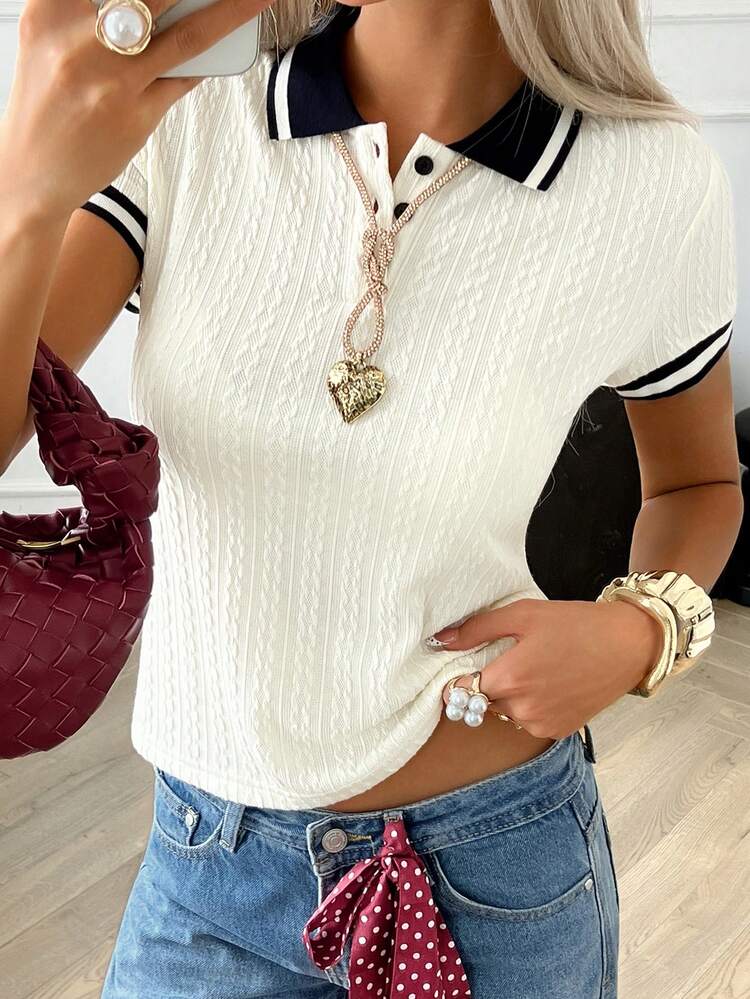 Women's Summer Contrast Color Collar Short Sleeve Textured Loose Pullover Knit Top