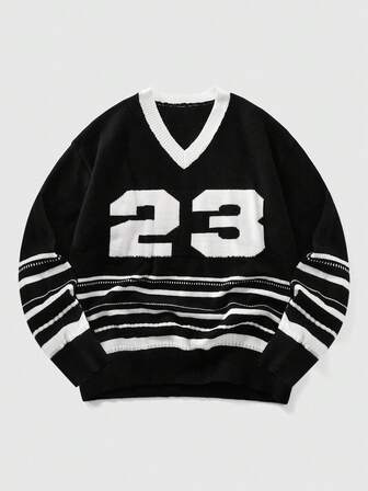 Men's V-Neck Jacquard Knit Sweater, Casual Loose Fit Long Sleeve