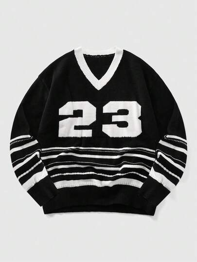 Men's V-Neck Jacquard Knit Sweater, Casual Loose Fit Long Sleeve