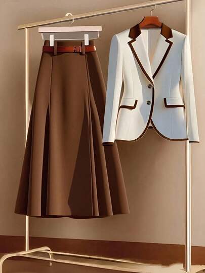 GlowEve Women's Single-Breasted Contrast Trim Blazer & A-Line Skirt Elegant Casual Commute Fashion French Street Vintage Business Holiday Outfit, Apricot Blazer & Brown Skirt, Autumn/Winter 2-Piece Suit