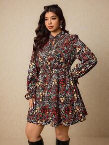 Elaquor Plus Size Geometric Print Waist Flared Long Sleeve Dress For Women/Valentine's Day - Multicolor - View 3