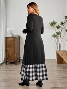 EMERY ROSE 大码格子拼布连衣裙，休闲假日风格 - 黑與白 - 查看 2