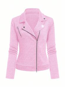 GlowEve 翻领纹理面料拉链休闲机车夹克 - 粉色 - 查看 6