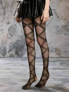 ROMWE Goth Bộ 3 quần tất đen kết hợp cá tính dành cho nữ phù hợp với mọi mùa - Đen tinh khiết - Xem 3