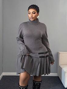 大码女式长袖纯色褶裥下摆搭扣细节修身优雅毛衣连衣裙，适合通勤、秋冬季穿着，面料柔软舒适。 - 灰色 - 查看 4