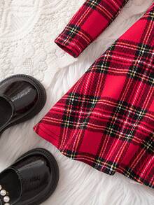 女宝宝可爱学院风休闲红色格子针织连衣裙 - 紅色 - 查看 4