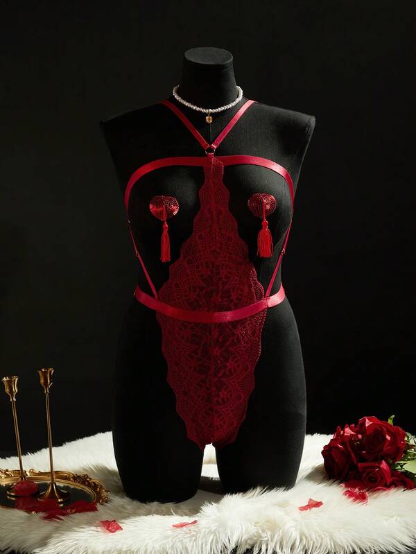 SpicyHot 3pcs/Set Lace Hollow-Out Bodysuit + Nipple Pasties For Women, Sexy