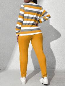 Zolique Bộ 2 món áo thun dài tay cổ tròn in họa tiết sọc và quần dài cho nữ, mùa thu - Nhiều màu - Xem 2