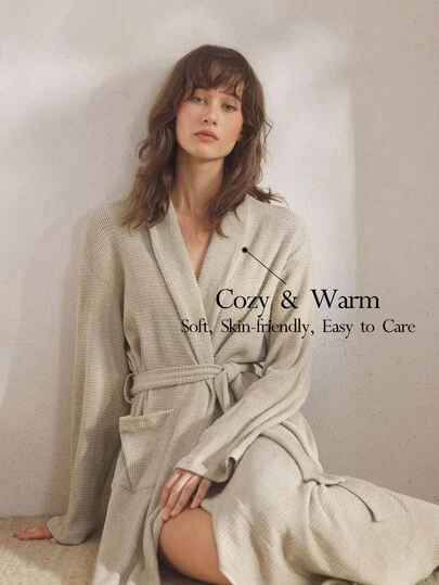 Ocili Bata de felpa con cuello de chal y cinturón, estilo minimalista y relajado. Ropa de dormir y de estar por casa cómoda para mujer, ideal para otoño/invierno. Conjunto acogedor.