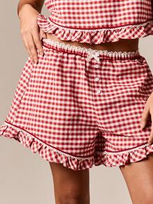 AiiRZ Gingham Christmas Pajama Set For Women Ruffle Hem Cami Top Shorts Sleepwear Loungewear Summer Nightwear - Multicolor - View 7