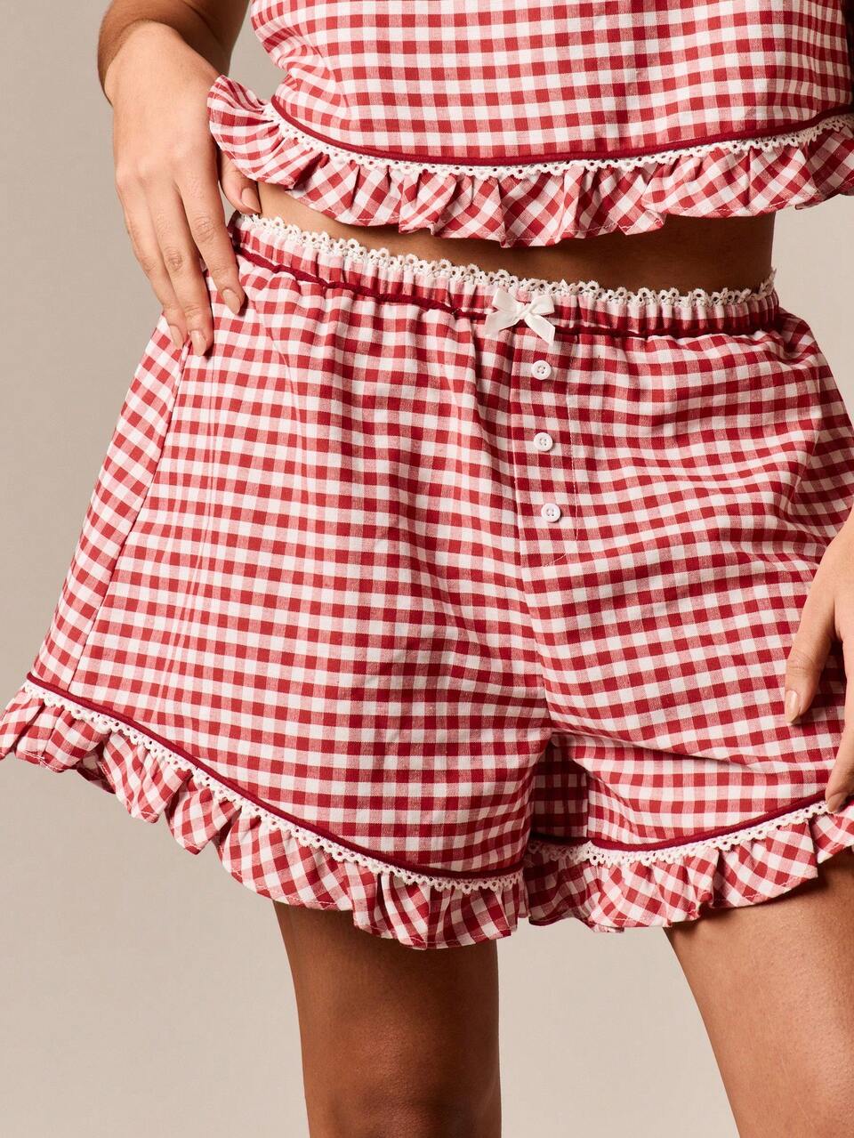 AiiRZ Gingham Christmas Pajama Set For Women Ruffle Hem Cami Top Shorts Sleepwear Loungewear Summer Nightwear