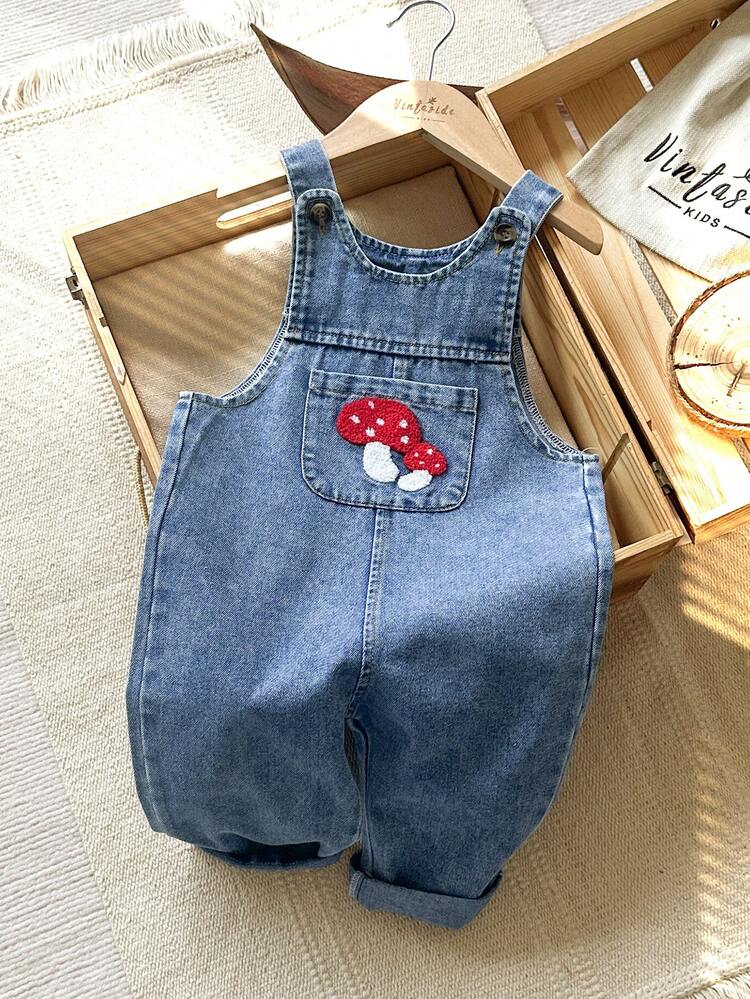 Vintaside Kids Baby GirlSleeveless Fashionable & Simple Western-Style Towel Embroidered Washed Denim Jumpsuit, Comfortable For Camping And Home Wear, Suitable For Autumn Season - Medium Wash - View 4