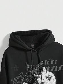 ROMWE Grunge Punk 可爱猫咪抱星 Y2K 宝贝宽松街头风印花卫衣，带口袋，黑色 - 黑色 - 查看 3