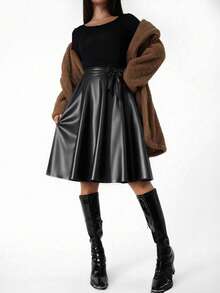 Teen GirlElegant Minimalist Retro Flared PU Leather Skirt
