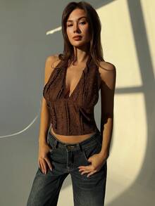 Aloruh Lace-Up Backless Halter Top For Women, Valentine For Women, Valentine For Women - Coffee Brown - View 8