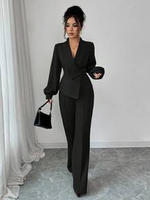 Elenzga Bộ quần ống loe dáng chữ A, dáng suông, màu trơn, cổ bẻ không đều, thanh lịch, thoải mái khi đi làm, đi nghỉ, tiệc trà chiều dành cho nữ, phù hợp cho mùa xuân, thu, đông - màu đen - Xem 8