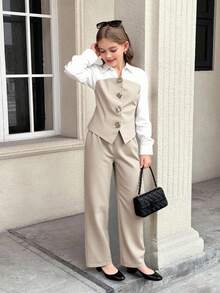 Serisse Kids 2 pièces Ensemble chemise et pantalon color block élégant et décontracté pour préadolescentes, convient pour le port quotidien, les déplacements, la mère et la fille, automne/hiver