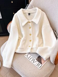 GlowEve CURVE 大码女士休闲日常通勤简约纯色拼布口袋金属单排扣毛绒开衫，冬季