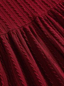 Teen Girl's Jacquard Knit Red Round Neck Long Sleeve Slim Fit Casual Dress, Christmas Dress, Red Christmas, Red Party Outfit, Elegant Red Dress - Burgundy - View 4