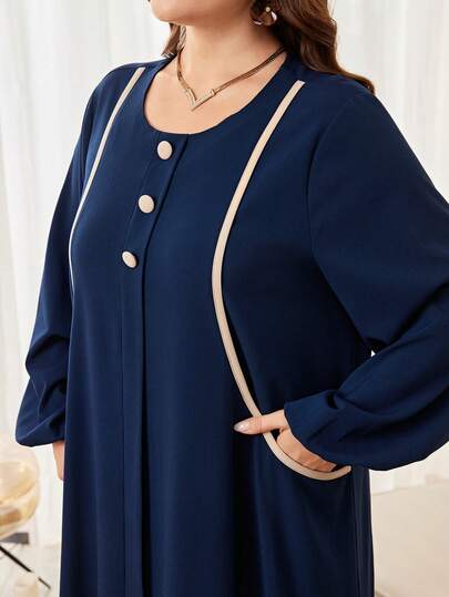 Al Najma Plus Size Women's Lantern Sleeve Loose Pocket Casual Comfortable Minimalist Trim Arabic Dress