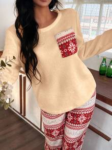 SHEIN 两件套撞色口袋抓绒圣诞印花长袖睡衣套装 - 彩色 - 查看 2