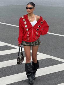Muchica Fashionable Casual Eyelet Design Loose Open Front Thermal Lined Red Sweatshirt, Autumn/Winter Y2k - Red - View 3