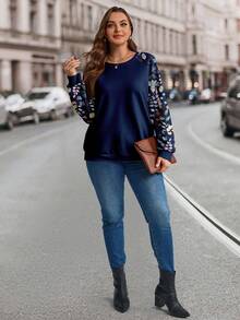 EMERY ROSE Plus Size Women Floral Print Patchwork Raglan Sleeve Casual Loose Sweatshirt/Winter - Navy Blue - View 5