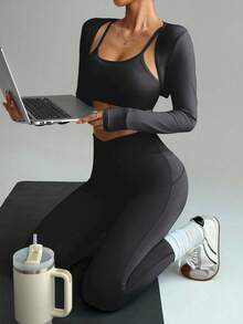 Dewbera 3pcs/Set Casual Versatile Black Personalized Fitted Undershirt With Detachable Cotton Chest Pad, Yoga & Workout Outfit Gym Two Piece Set Yoga Two Piece Set - Black - View 4