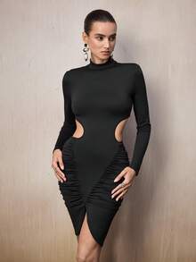 Modelyn 女士纯色高领长袖腰部镂空褶皱修身性感迷你连衣裙 - 黑色 - 查看 5
