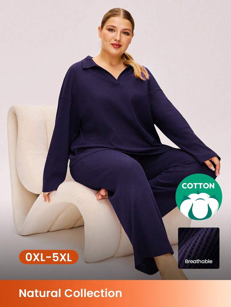 Conjunto de pijama de 2 piezas de talla grande para mujer, de algodón suave con textura de gofre, con manga larga y pantalón largo con bolsillos, lencería con pantalones con bolsillos, pijama de otoño