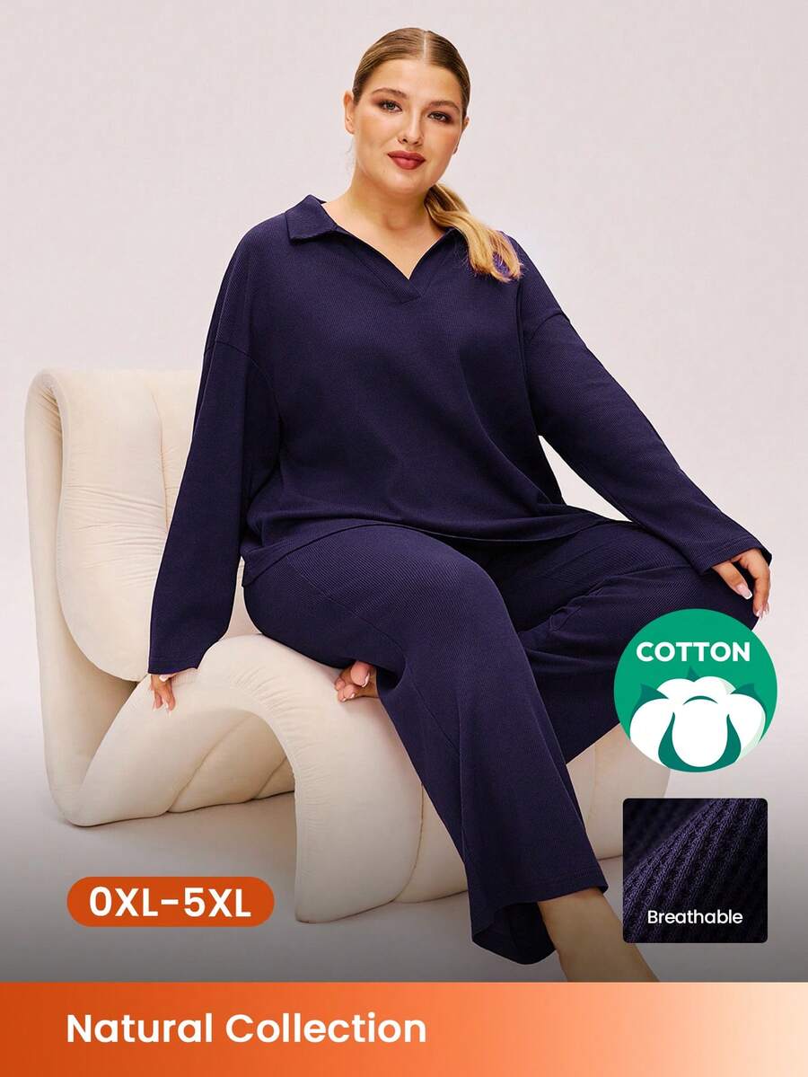 LUVLETTE Autumn And Winter Plus Size Women Soft Cotton Waffle Basic Long-Sleeve & Long Pants Loungewear 2 Piece Pajama Set With Pockets Lingerie Pants With Pockets Fall Pajamas - Navy Blue - View 1