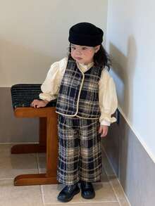 DAZY 2pcs Toddler Girls' Plaid Vest With Tie Waist And Leggings Set - Grey - View 3