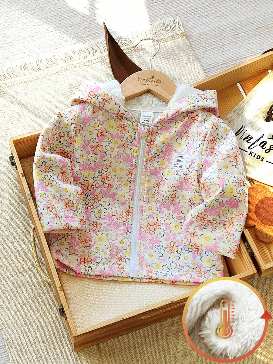 SHEIN Vintaside Kids معطف مقنع بطبعة زهور صغيرة للبنات الرضع، إغلاق بسحاب، بطانة حرارية، ملابس خارجية شتوية عصرية وكاجوال - وردي فاتح - مشاهدة 1