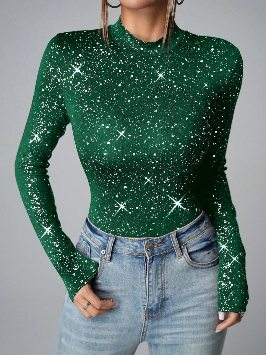 Chiquease Stylish Green Knitted Bodysuit For Women Long Sleeve Stand Collar With Sparkle Effect Casual Top - Green - View 1