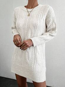 EURMUSE Women's Casual Drop Shoulder Knit Sweater Dress, Autumn/Winter - White - View 4