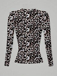 Rovax Áo thun nữ tay dài cổ tròn in kỹ thuật số họa tiết da báo ôm vừa vặn - Nhiều màu - Xem 2