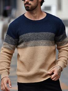 Manfinity Mode Áo len dệt kim dài tay cổ tròn màu tương phản cho nam, mùa thu/đông - Nhiều màu - Xem 1