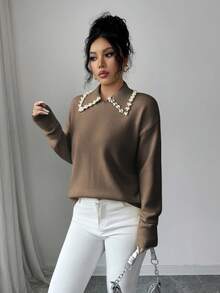SHEIN Elenzya Aniusta 女士秋冬休闲上衣，适合度假、独立日、劳动节、哥伦布日、感恩节、情人节、复古风、斯德哥尔摩风、图卢姆风、韩版风、优雅百搭、学生装、教师装、哥特风、办公室装、商务休闲装、返校季等场合，黑色针织衫，领口饰有装饰。 - 卡其色 - 查看 3