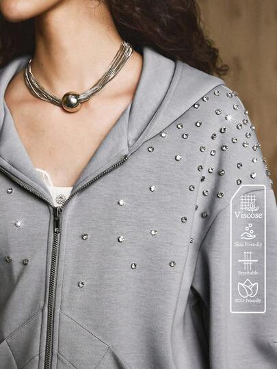 Arave 女士针织粘胶面料连帽宽松串珠设计日常休闲卫衣外套秋季女装拉链卫衣