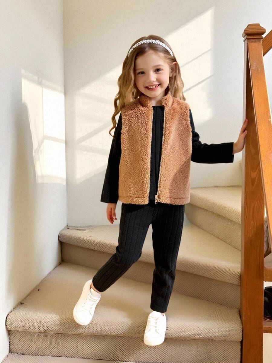 Elladie kids 3pcs/Set Toddler Girls Autumn/Winter New Ribbed Fleece Black Crew Neck Long Sleeve Pullover T-Shirt, Brown Fuzzy Collar Cardigan Vest, Casual Long Pants, Warm Outfit - Multicolor - View 1