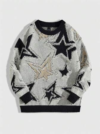 Grunge Punk Damen Rundhals Langarm Pentagramm Jacquard Loose Lässig Pullover, Herbst/Winter