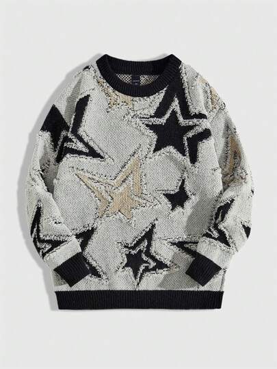 ROMWE Grunge Punk Suéter holgado de cuello redondo de manga larga con jacquard de pentagrama para mujer, otoño/invierno