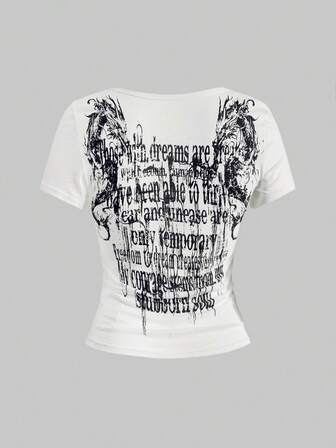 Grunge Punk Grunge Aesthetics Tattoo Print T-Shirt Trashy 2000s Style Letter T Shirt Japanese Y2k White Sheer Tops Gothic Vintage