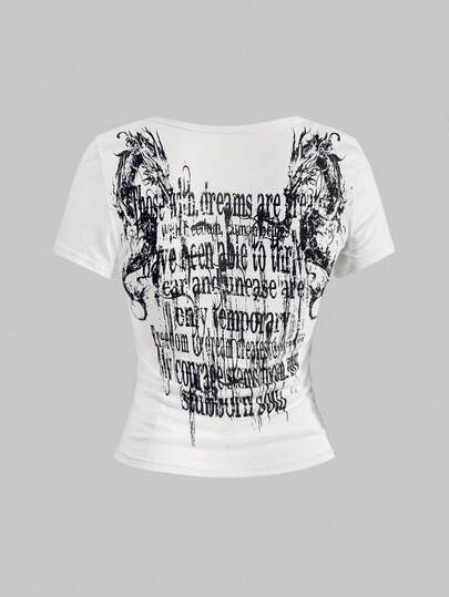 Grunge Punk Grunge Aesthetics Tattoo Print T-Shirt Trashy 2000s Style Letter T Shirt Japanese Y2k White Sheer Tops Gothic Vintage